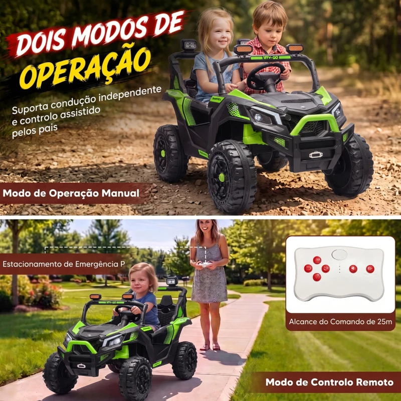 AIYAPLAY UTV elétrico infantil 24 V de 2 lugares com 2 motores de 120 W, comando à distância e suspensão às 4 rodas, verde