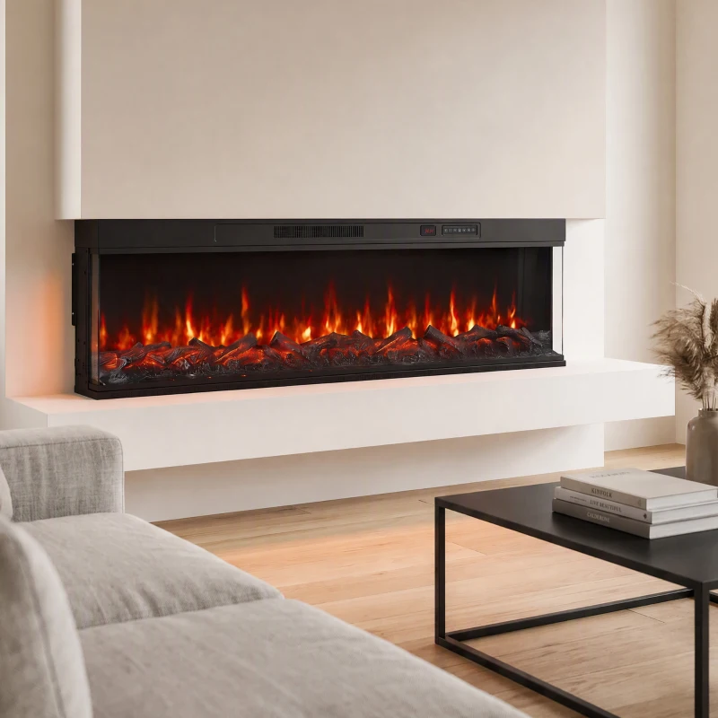 HOMCOM 60" Electric Fireplace Insert, 3-Sided Freestanding/Wall Recessed Electric Fire Heater with Adjustable Flame, 1800W