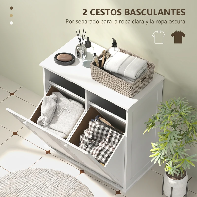 HOMCOM Mueble Ropa Sucia de Baño 2 Compartimentos y Puertas de Lamas para Cocina Salón Lavandería 70x38x73 cm Blanco