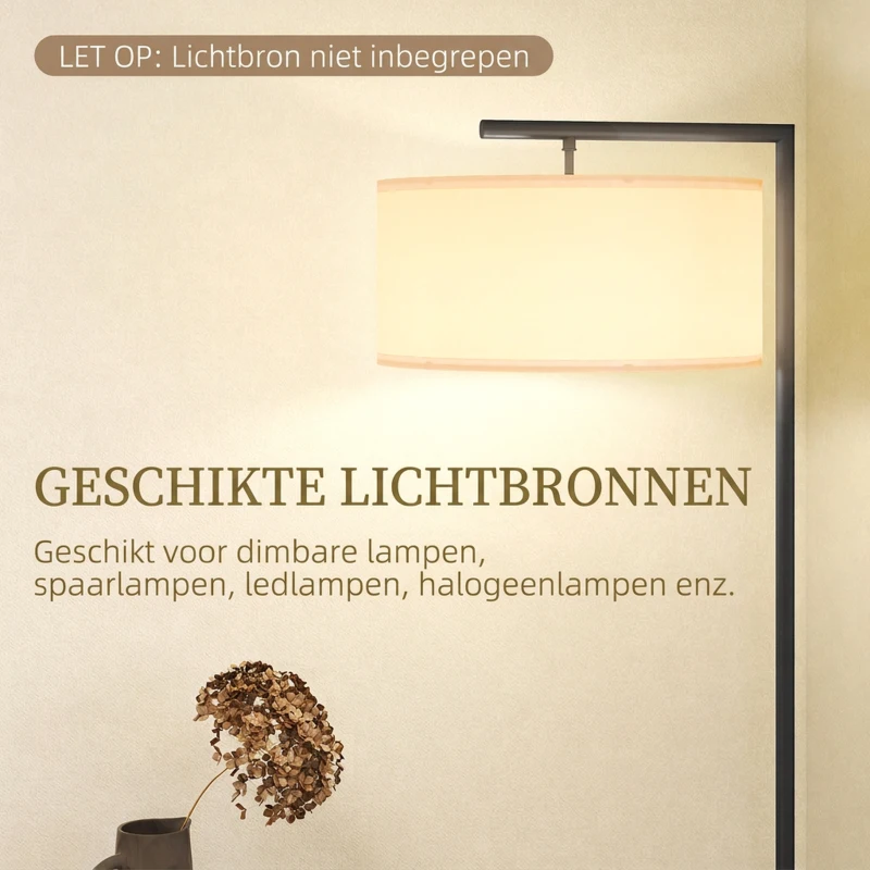 HOMCOM vloerlamp met E27-fitting, zwart met witte stoffen lampenkap, voetschakelaar, ijzer, 47 x 37 x 153 cm