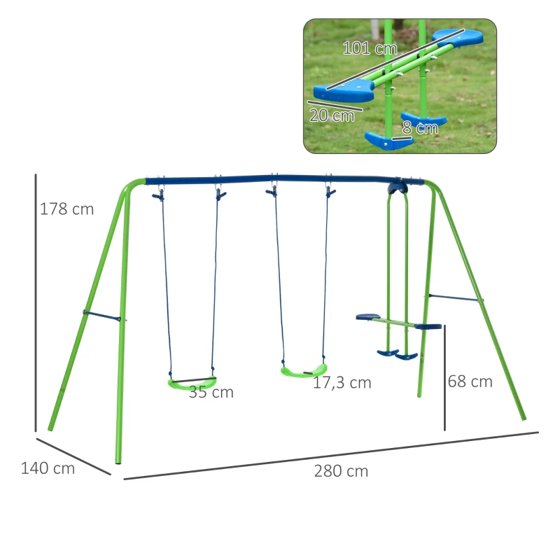 Outsunny Balançoire portique enfant 3 1 1 face 2 sièges balancelle, extérieur cadre A métal, haut. 180kg, 3+ans, vert