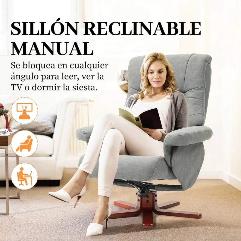 HOMCOM Sillón Relax Reclinable con Reposapiés Tapizado en Tejido Técnico Marco de Madera  Función Basculante Gris