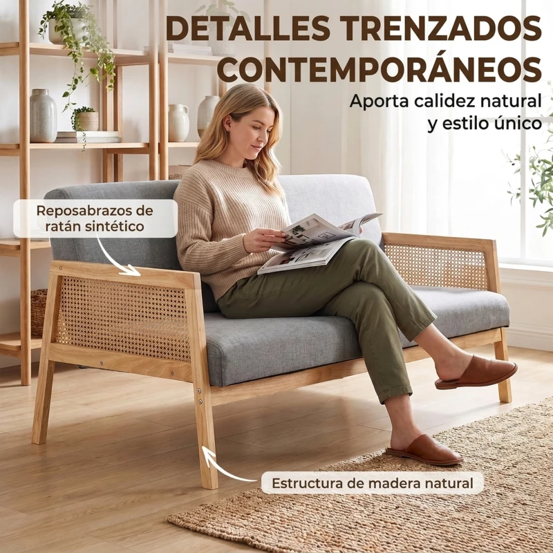 HOMCOM Sofá de 3 Plazas Tapizado en Lino con Detalles Ratán Sintético Estructura de Madera Carga 330 kg 149x77x77 cm Gris