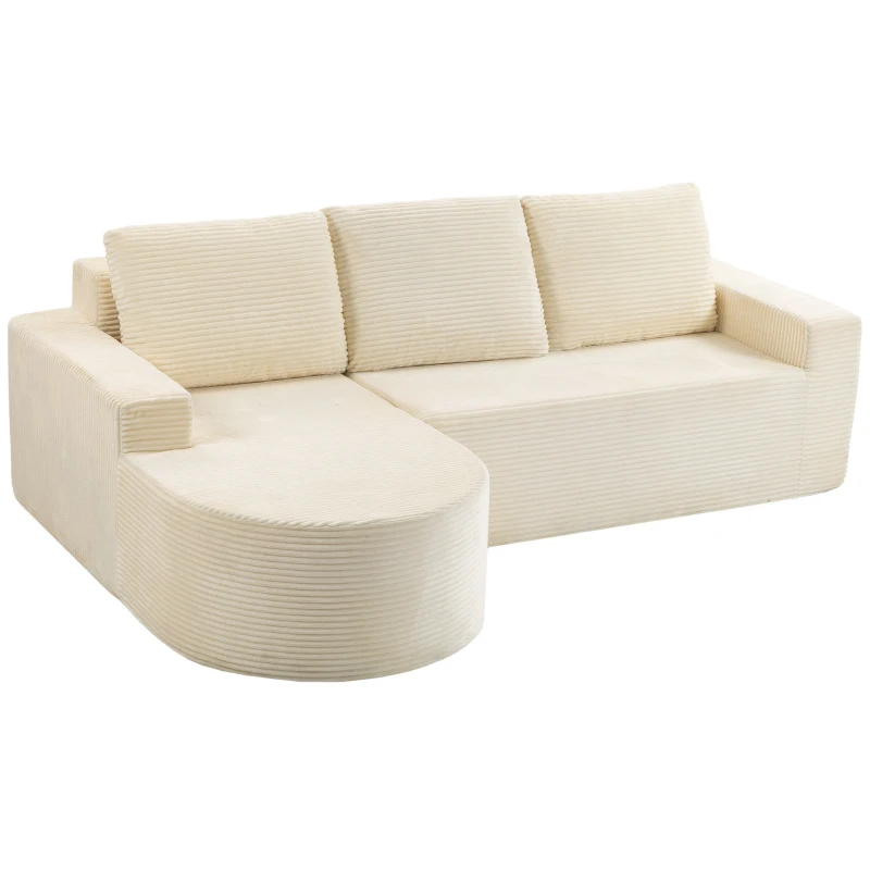 HOMCOM Canapé d'Angle 3 Places en Velours Côtelé, Canapé Compressé en L 235cm, Méridienne Incurvée, Assise Profonde, Beige