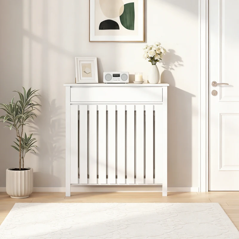 HOMCOM Copritermosifone a Doghe Verticali con Cassetto e Antiribaltamento, 88.5x19x93cm, in Legno, Soggiorno, Bianco