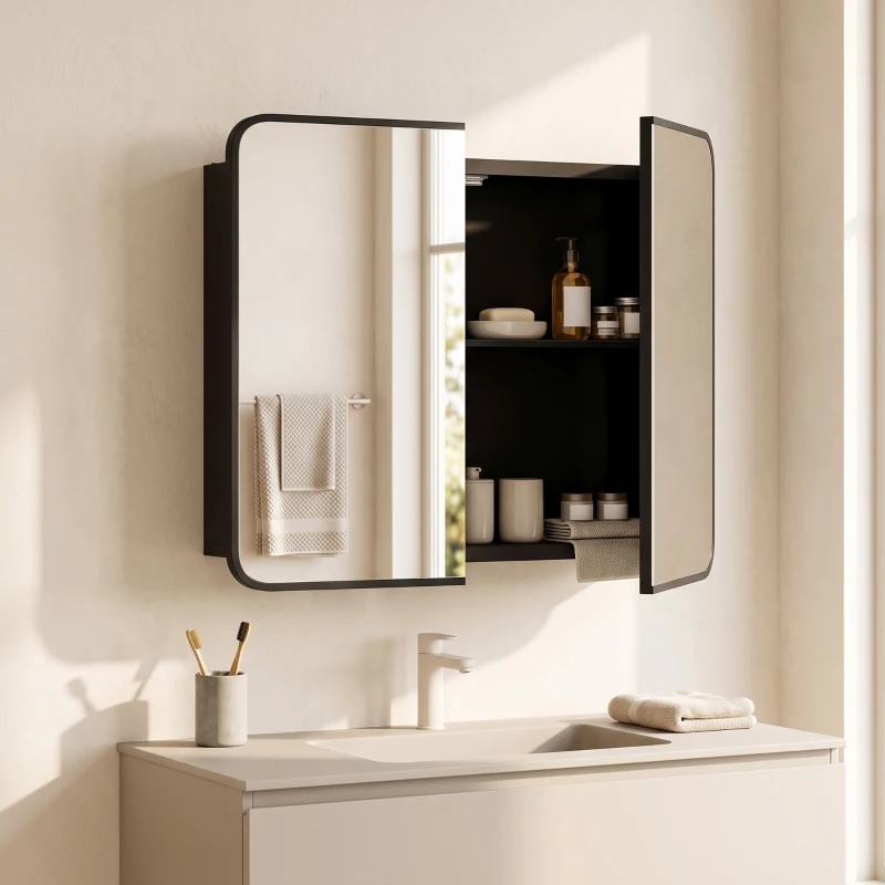 HOMCOM Bathroom Medicine Mirror Cabinet, Bathroom Wall Cabinet with Storage, Magnetic Doors and Adjustable Shelf, Black