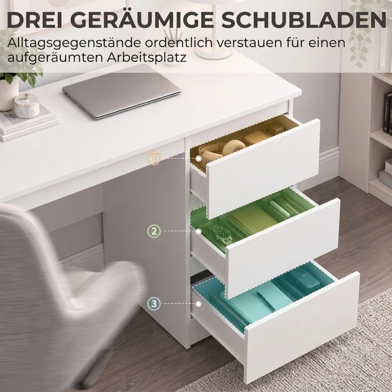 HOMCOM Computertisch Schreibtisch mit 3 Schubladen, Moderner Bürotisch PC Tisch 100 x 50 x 75 cm, Weiß