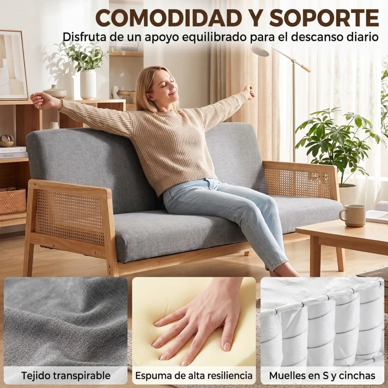 HOMCOM Sofá de 3 Plazas Tapizado en Lino con Detalles Ratán Sintético Estructura de Madera Carga 330 kg 149x77x77 cm Gris