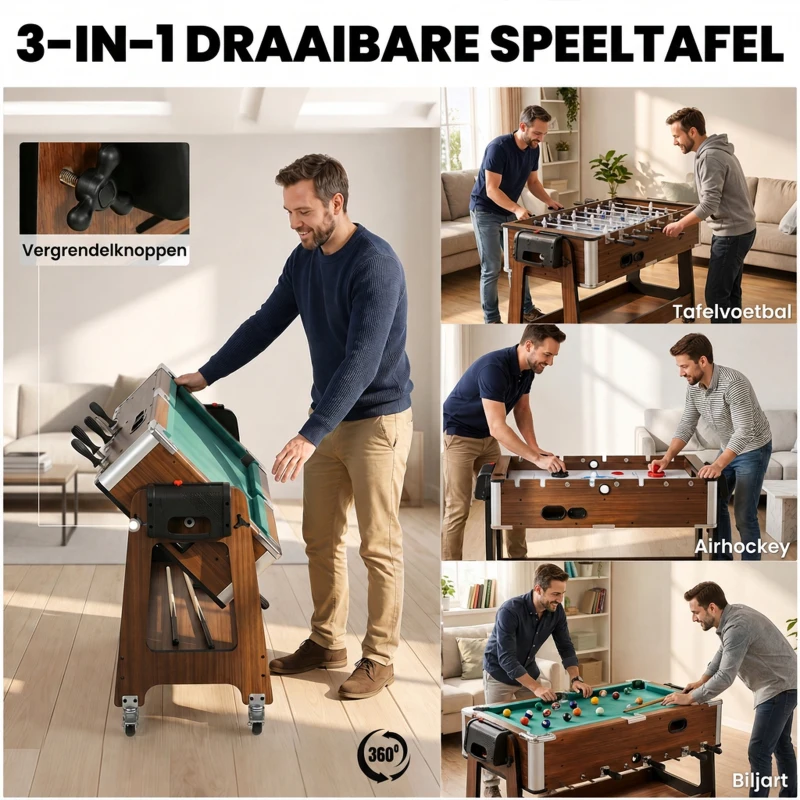 SPORTNOW 3-in-1 Multi Speltafel Draaibaar | Multifunctionele Speeltafel met Biljart, Tafelvoetbal, Airhockey & Opbergvak