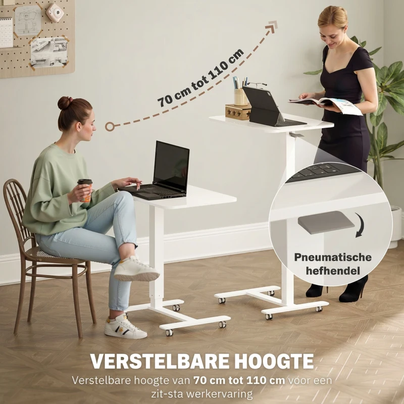 HOMCOM Sta-bureau In Hoogte Verstelbaar met 4 Wielen C-Vorm 65 cm x 48 cm x 70-110 cm Wit