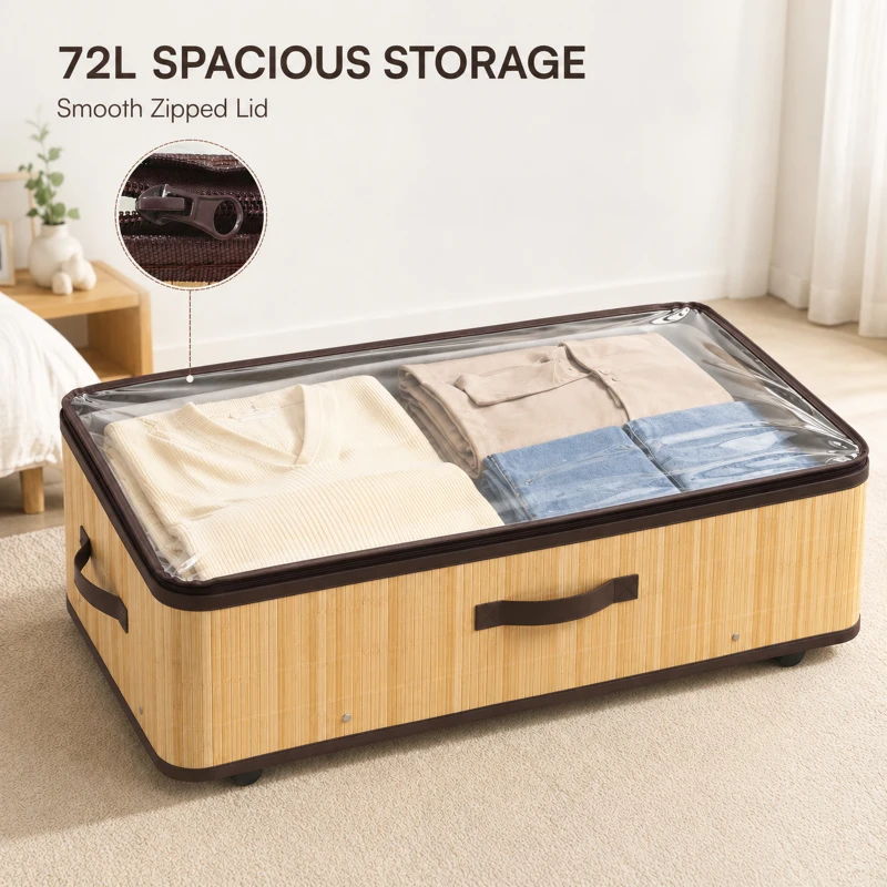 HOMCOM 72L Under Bed Storage with Wheels Pack of 2, Underbed Storage Box with Clear Lid Cover and Reinforced Handle, Natural