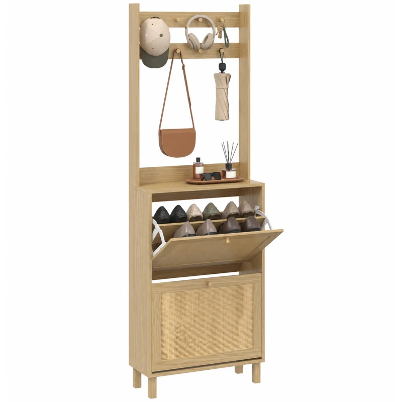 HOMCOM Porte-Manteau 2 en 1, Meuble d'Entrée avec Meuble à Chaussures, Portes Effet Rotin et 8 Crochets, Bois Naturel