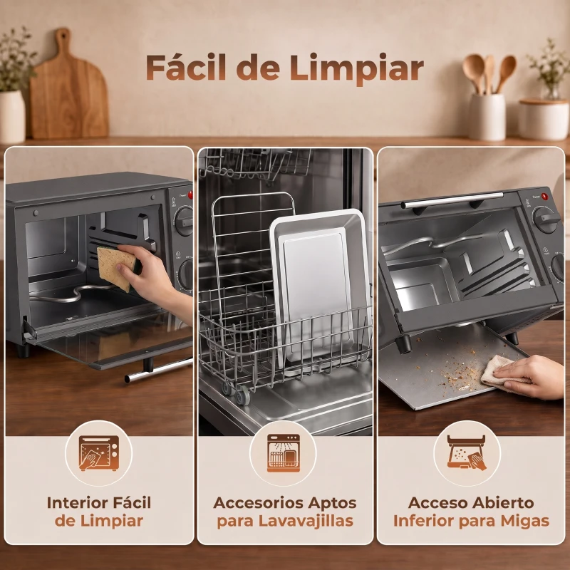 HOMCOM Mini Horno Eléctrico 9L Horno Eléctrico Sobremesa 750W con Temperatura Ajustable Temporizador 35x24,6x20 cm Gris