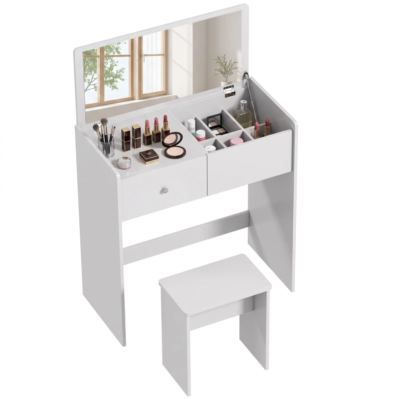 HOMCOM Vanity Desk with Mirror Dressing Table Drawer Set 6 Compartments Storage Stool White