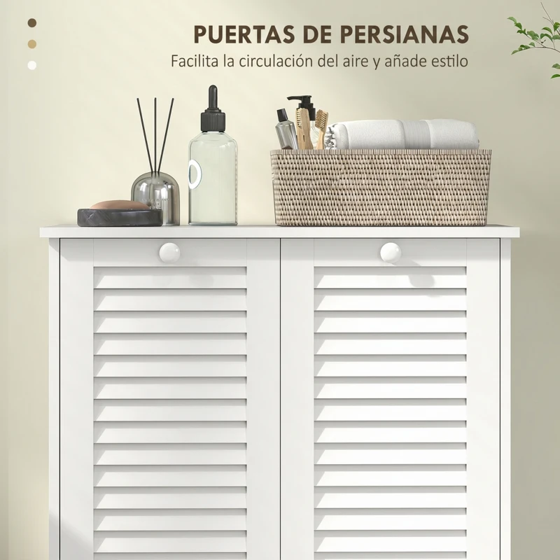 HOMCOM Mueble Ropa Sucia de Baño 2 Compartimentos y Puertas de Lamas para Cocina Salón Lavandería 70x38x73 cm Blanco