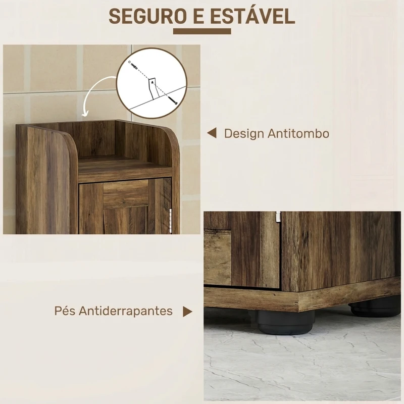HOMCOM Coluna de Casa de Banho com 2 Portas, Compartimento Aberto, Prateleiras Ajustáveis e Suporte para Papel Higiénico, 20x20x185 cm, Castanho Acinzentado