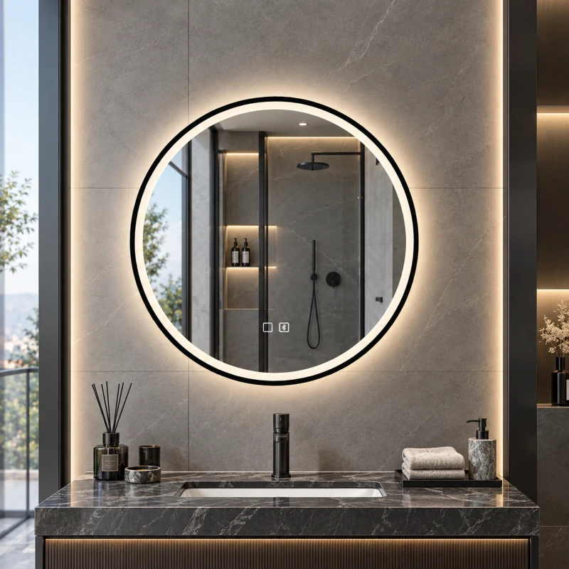 HOMCOM Bathroom Mirror with LED Lights, 60cm Round LED Bathroom Mirror with 3 Colours Dimmable, Bluetooth, Anti-Fog, Black