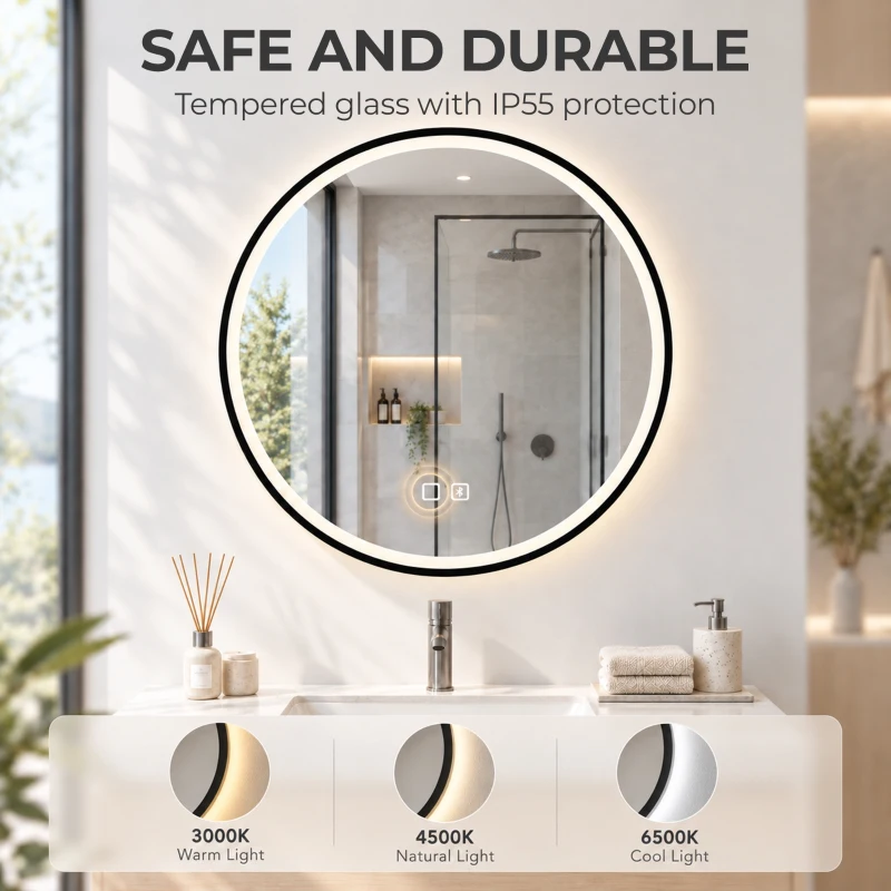 HOMCOM Bathroom Mirror with LED Lights, 60cm Round LED Bathroom Mirror with 3 Colours Dimmable, Bluetooth, Anti-Fog, Black