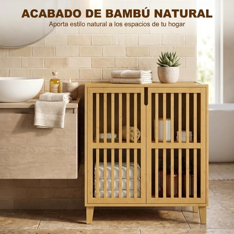 HOMCOM Armario de Baño de Bambú Mueble Auxiliar de Baño con 2 Puertas Ventiladas y Estante Ajustable 72x35x78,8 cm Natural
