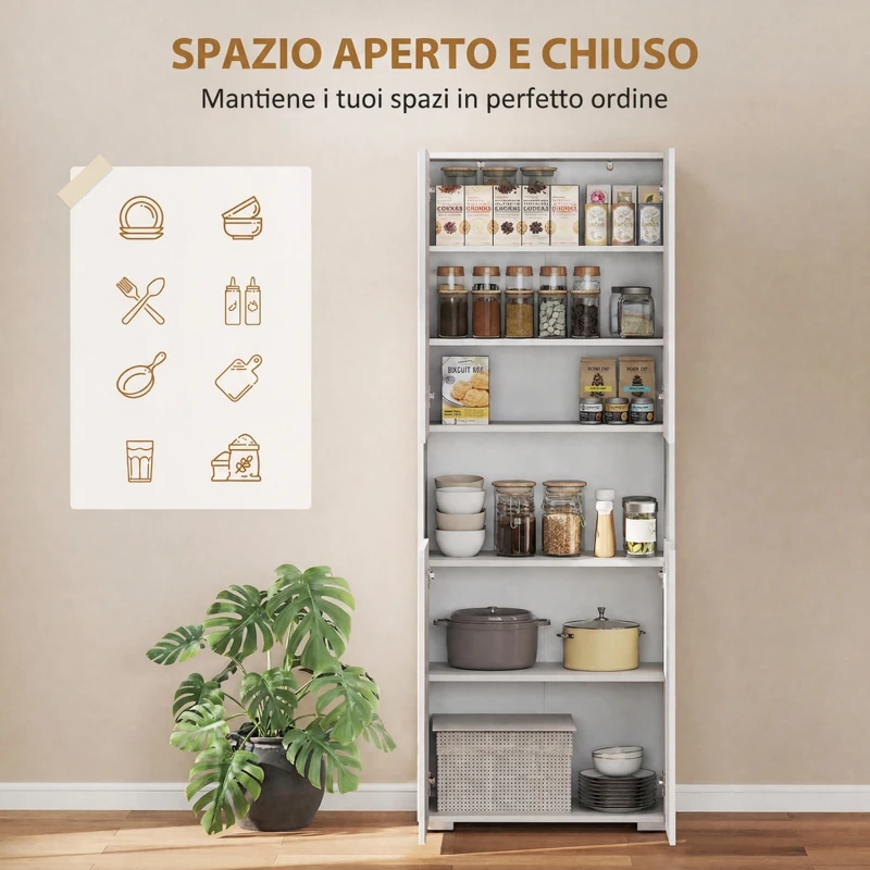 HOMCOM Credenza Cucina Alta 180cm, Mobile Dispensa con Ante Soft-Close, Ripiano Aperto, 2 Armadietti, Ripiani Regolabili, Mobile Cucina Moderno per Sala da Pranzo Soggiorno, Bianco Lucido