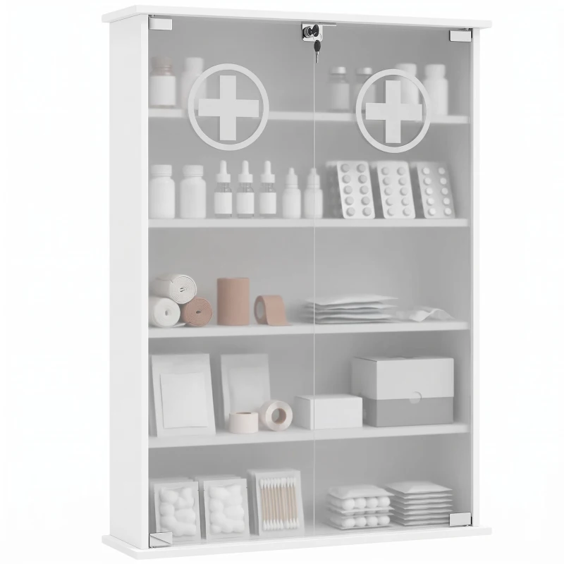 HOMCOM Armário de Medicamentos de Parede com Fechadura 2 Chaves e Portas de Vidro 60x17x82,5 cm Branco