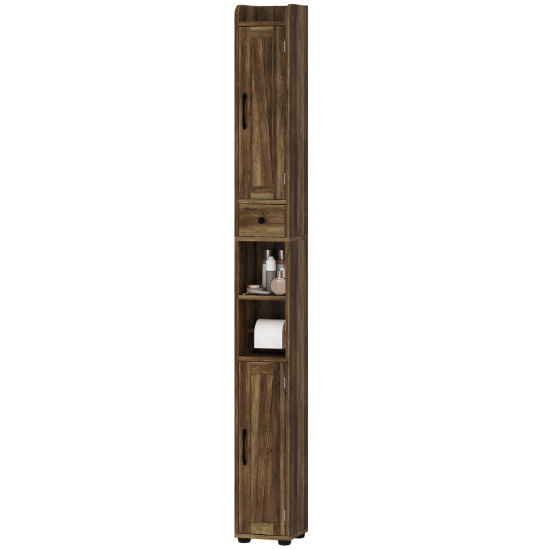 HOMCOM Coluna de Casa de Banho com 2 Portas, Compartimento Aberto, Prateleiras Ajustáveis e Suporte para Papel Higiénico, 20x20x185 cm, Castanho Acinzentado