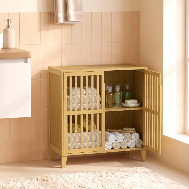 HOMCOM Armario de Baño de Bambú Mueble Auxiliar de Baño con 2 Puertas Ventiladas y Estante Ajustable 72x35x78,8 cm Natural
