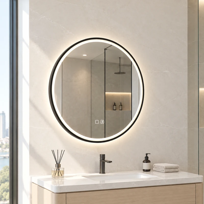 HOMCOM Bathroom Mirror with LED Lights, 60cm Round LED Bathroom Mirror with 3 Colours Dimmable, Bluetooth, Anti-Fog, Black
