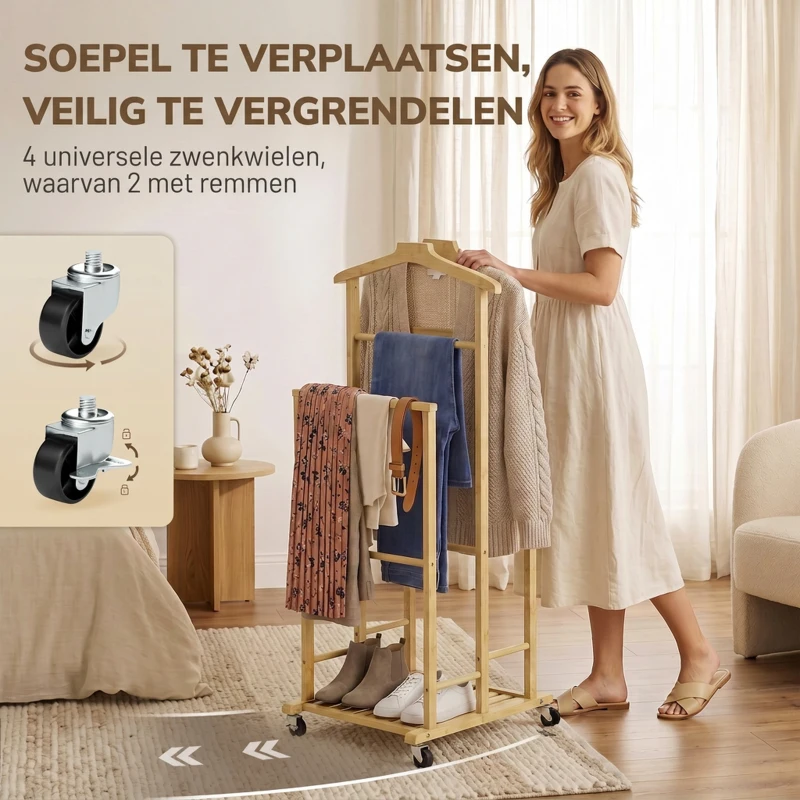 HOMCOM Bamboe kledingrek op wielen, compact, met hangers, ophangstangen, opbergvak en onderrek, eikenlook