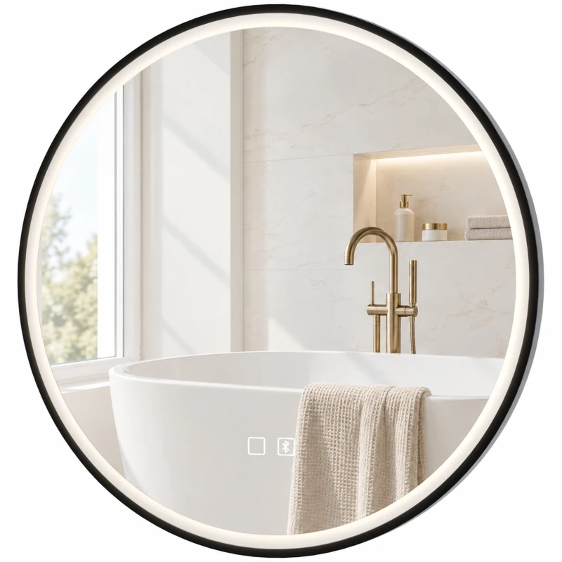 HOMCOM Bathroom Mirror with LED Lights, 60cm Round LED Bathroom Mirror with 3 Colours Dimmable, Bluetooth, Anti-Fog, Black