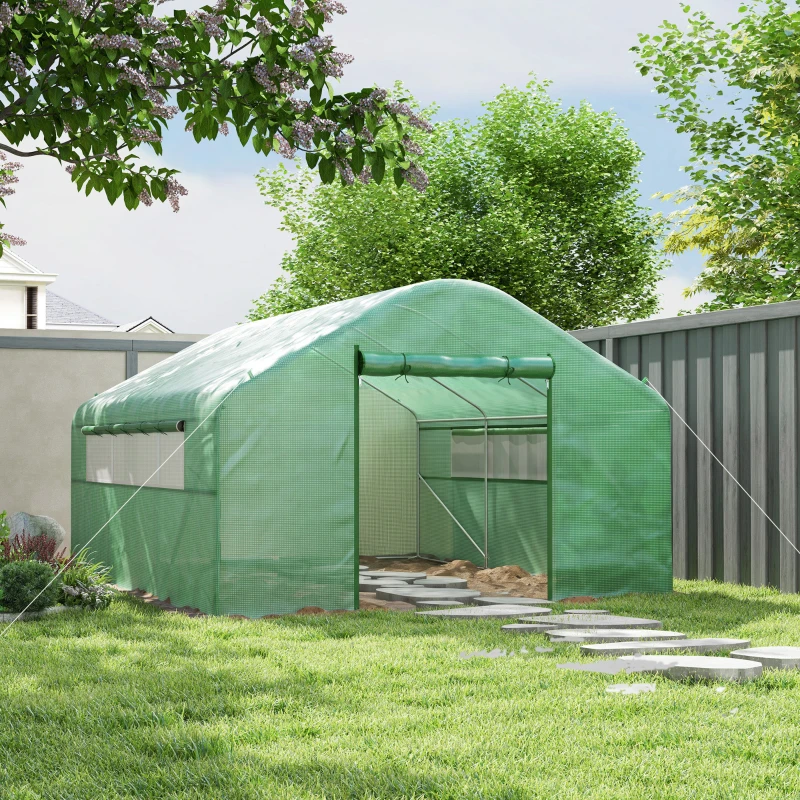 Outsunny Serre de jardin 4 x 3 x 2m avec portes enroulables et grandes fenêtres, serre tunnel de jardin, vert