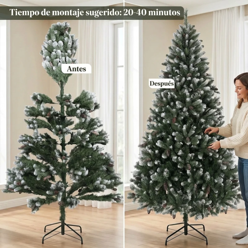 HOMCOM Árbol de Navidad Artificial 210 cm con 1140 Puntas Efecto Nevado 75 Piñas y Base Metálica Plegable Verde y Blanco