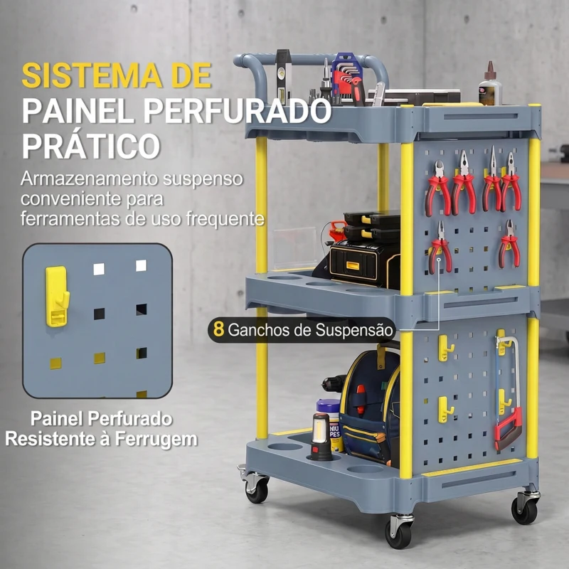 HOMCOM Carro de Ferramentas com Rodas de 3 Níveis com Painel Perfurado e Ganchos, com Travões, Cinzento e Amarelo