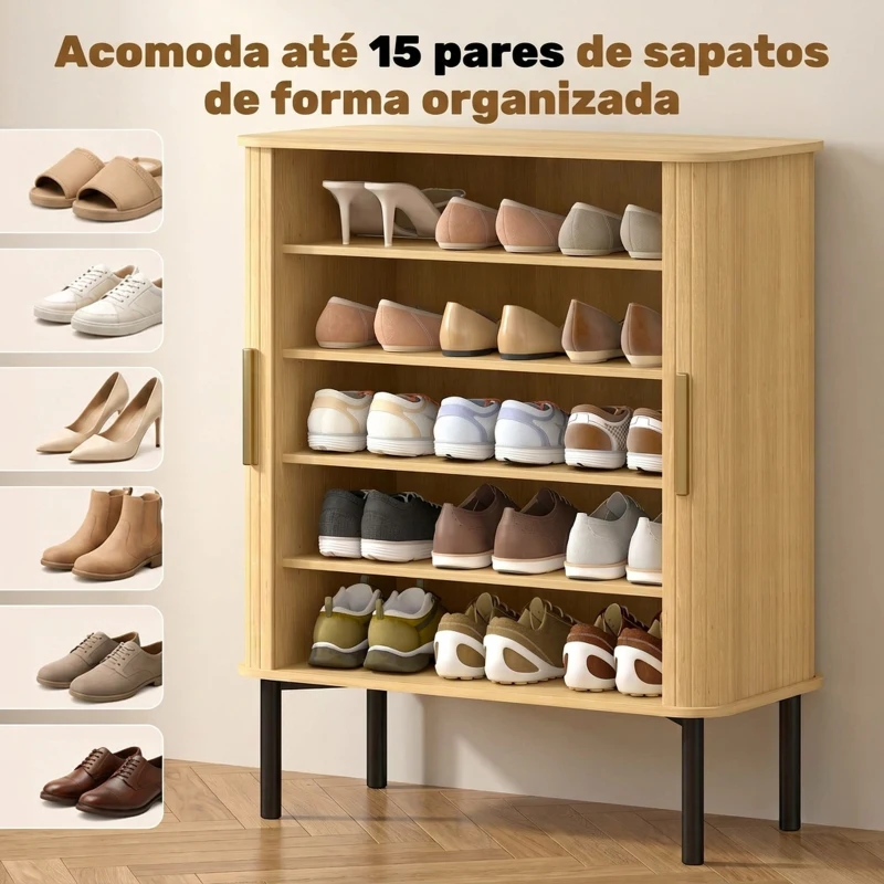 HOMCOM Sapateira de 5 Níveis com Portas Deslizantes para 15 Pares, Carvalho