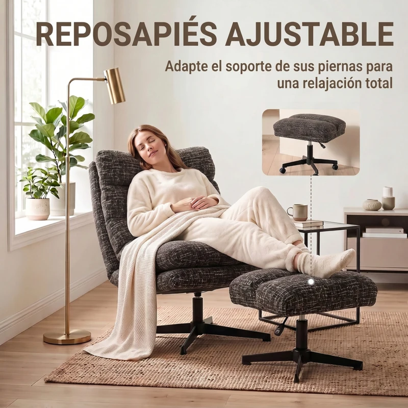 HOMCOM Sillón con Reposapiés de Altura Ajustable Sillón Lectura Giratorio 360° de Chenilla Asiento Ancho Acolchado Grueso Gris