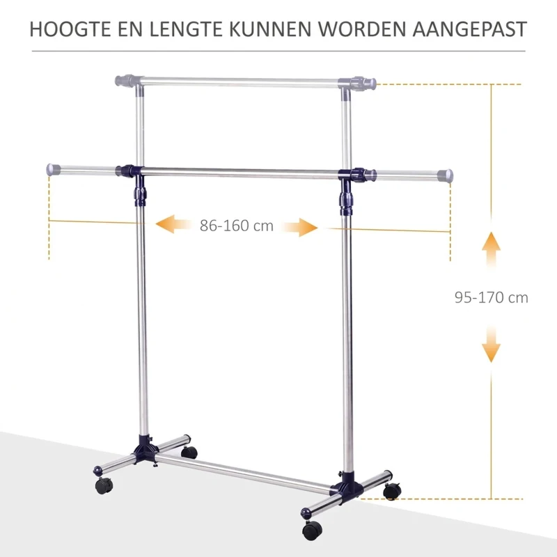 HOMCOM® garderobestandaard RVS kapstok oprolbaar in breedte en hoogte verstelbaar