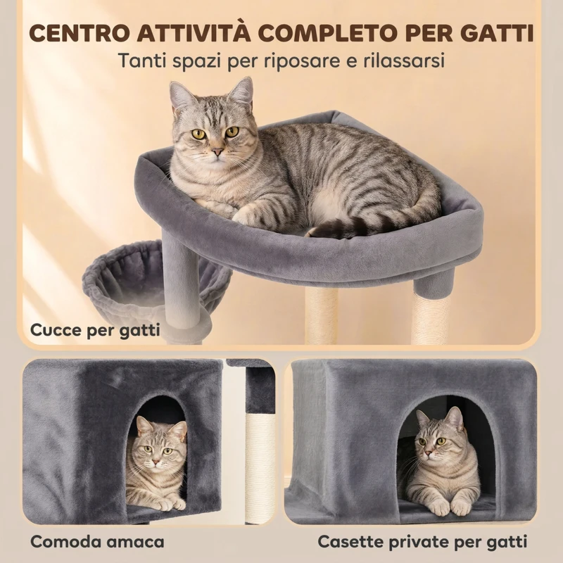 PawHut Tiragraffi per Gatti Alto 180 cm Multilivello, 13 Pali, 2 Casette, Amaca, Lettini, Grigio Scuro