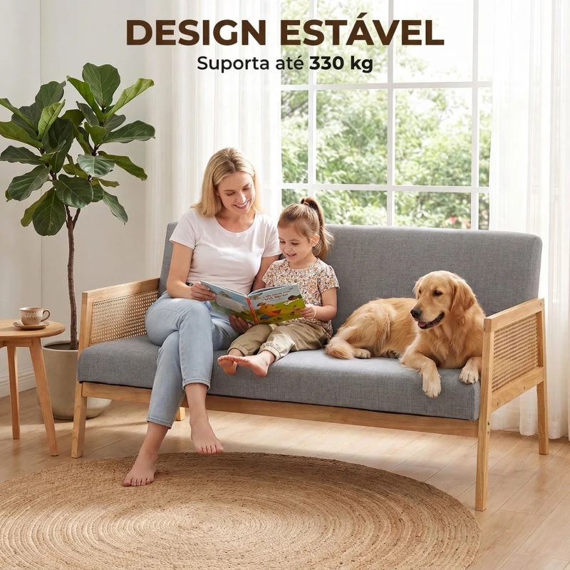 HOMCOM Sofá de 3 Lugares em Tecido Efeito Linho com Detalhes em Vime Sintético Estrutura em Madeira 330 kg 149x77x77 cm Cinza