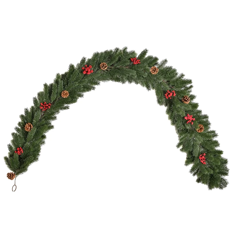 HOMCOM 1,9M kunstkerstslinger bloemdecoratie met dennenappels bessen kerstslinger spar voor trappen haard PE groen 190 x 12 x 8 cm