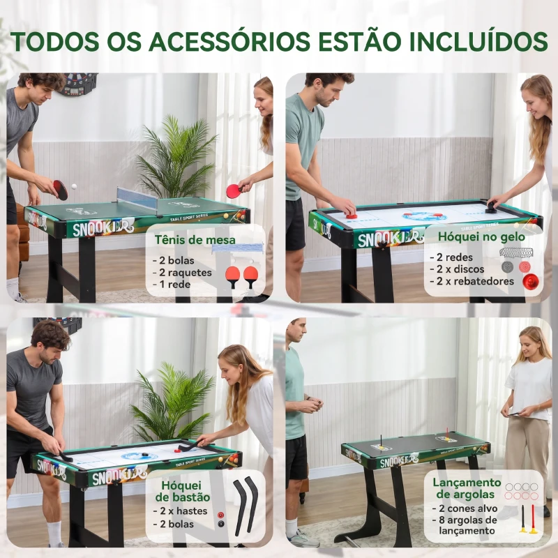 HOMCOM Mesa de Jogos 6 em 1 Dobrável Bilhar Matraquilho Ping Pong Lançamento de Anéis Hóquei com Bastão e Hóquei com Discos 118x104x71cm Multicor