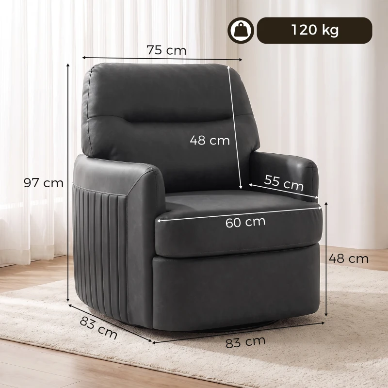 HOMCOM 360° Swivel Accent Chair, Modern Armchair with Thick Cushion, PU Leather Upholstered, Dark Grey