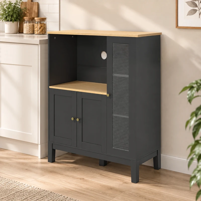 HOMCOM Mueble armario microondas para cocina con 1 nicho, 3 puertas pasacables 80 x 35 x 97 cm negro y aspecto madera