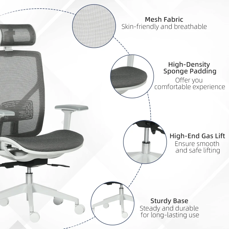 Vinsetto bureaustoel met hoofdsteun 3D-armleuning 3 niveaus in hoogte verstelbaar ergonomische netstof schuimgrijs 67 x 65 x 120-128 cm