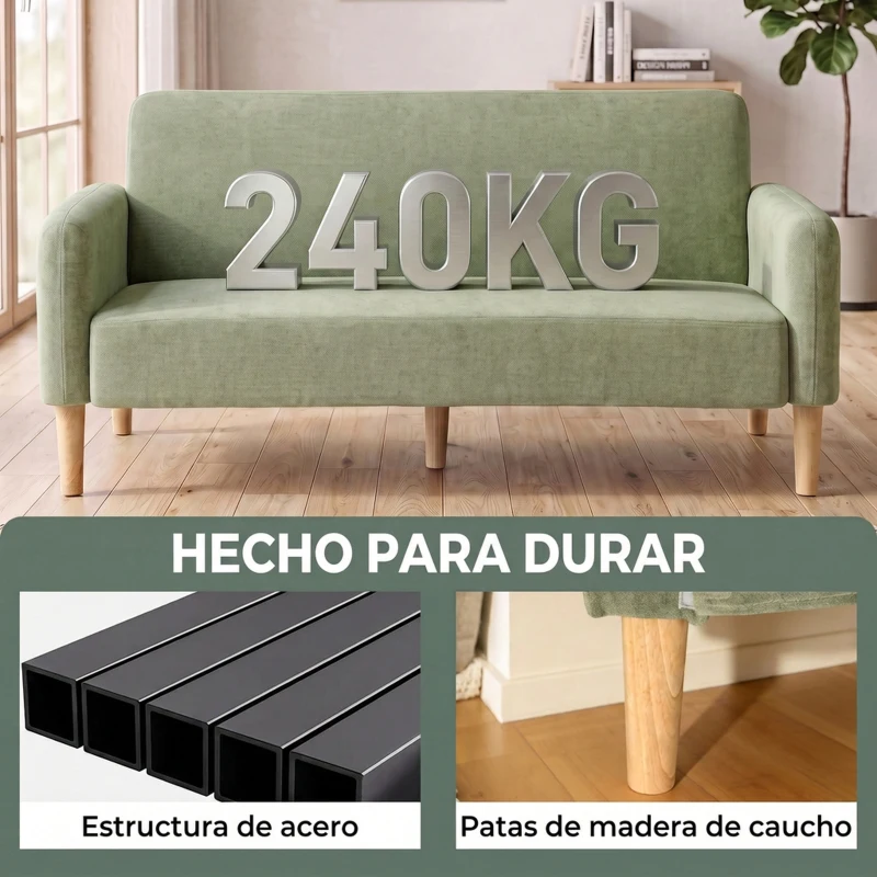 HOMCOM Sofá de 2 Plazas de 160 cm Tacto Aterciopelado Acolchado Grueso Asiento Amplio y Patas de Madera de Caucho Verde