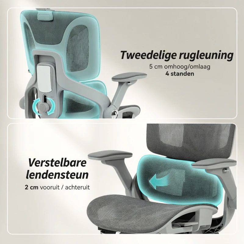 HOMCOM Ergonomische mesh bureaustoel met gesplitste rugleuning, lendensteun en 4D opklapbare armleuningen, grijs