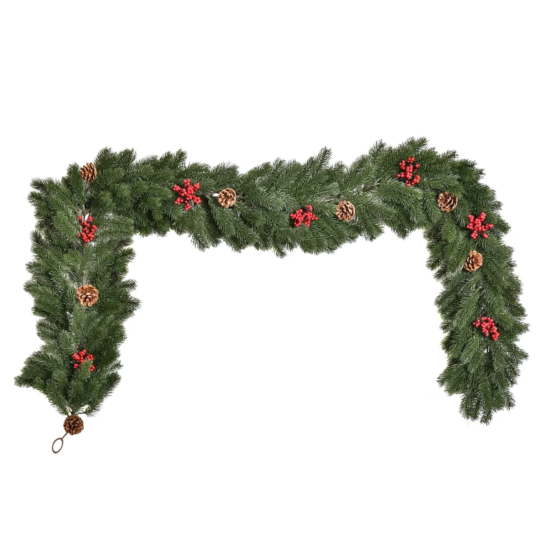 HOMCOM 1,9M kunstkerstslinger bloemdecoratie met dennenappels bessen kerstslinger spar voor trappen haard PE groen 190 x 12 x 8 cm