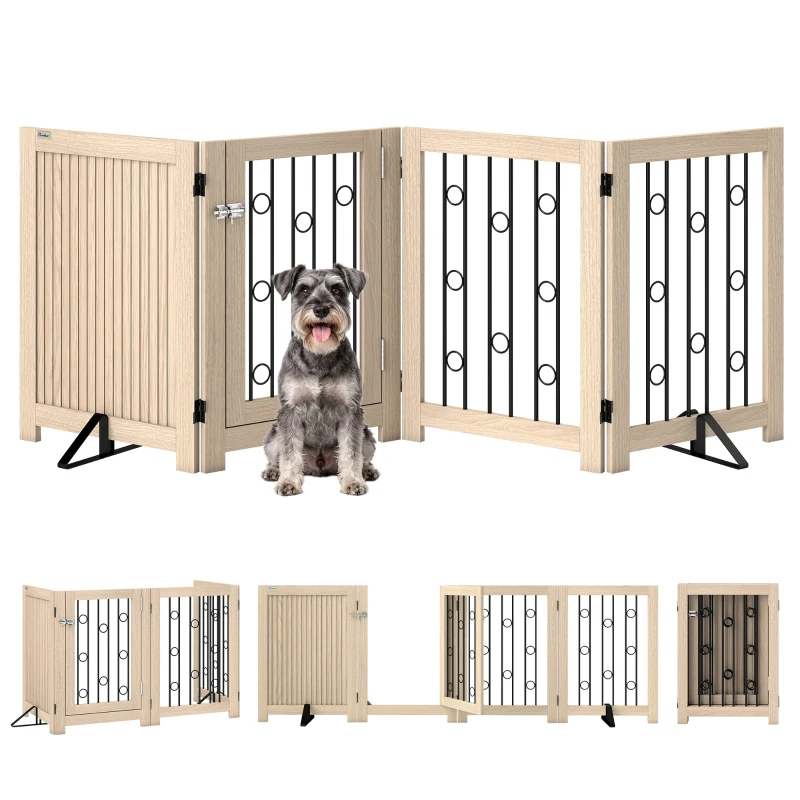 PawHut Vrijstaand huisdierhek, hondenhek met deur, 4 panelen, voor gang, trap, deurkozijn, MDF, staal