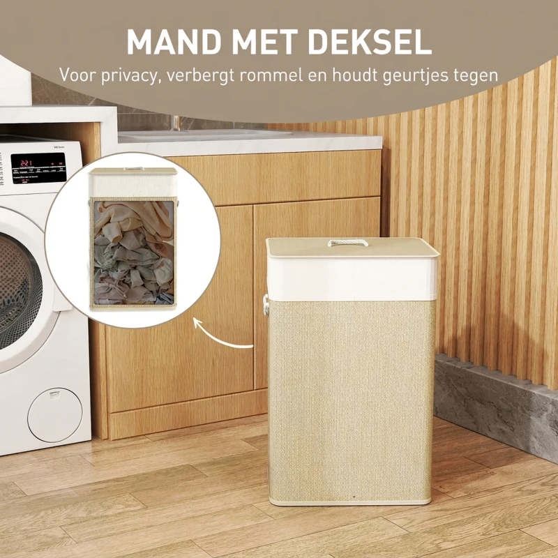 HOMCOM Bamboe Wasmand met Deksel 72L, Wasverzamelaar met Bamboegrepen en Uitneembare Waszak, Naturel