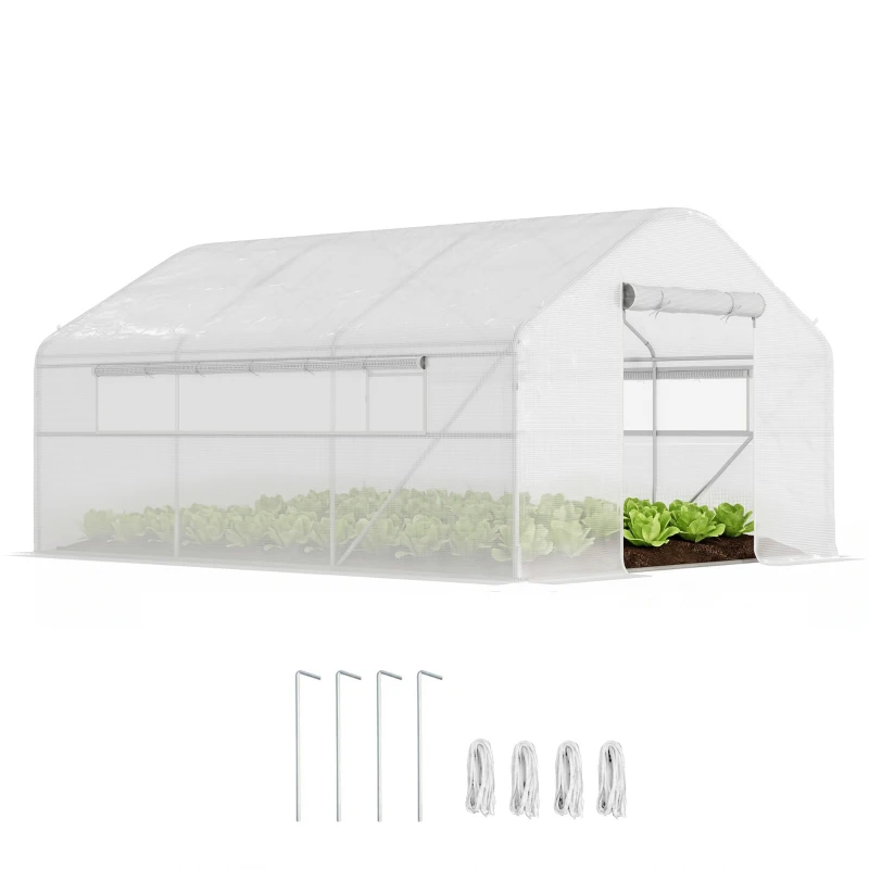 Outsunny Serre de jardin 4 x 3 x 2m avec portes enroulables et grandes fenêtres, serre tunnel de jardin, blanc(m-14)