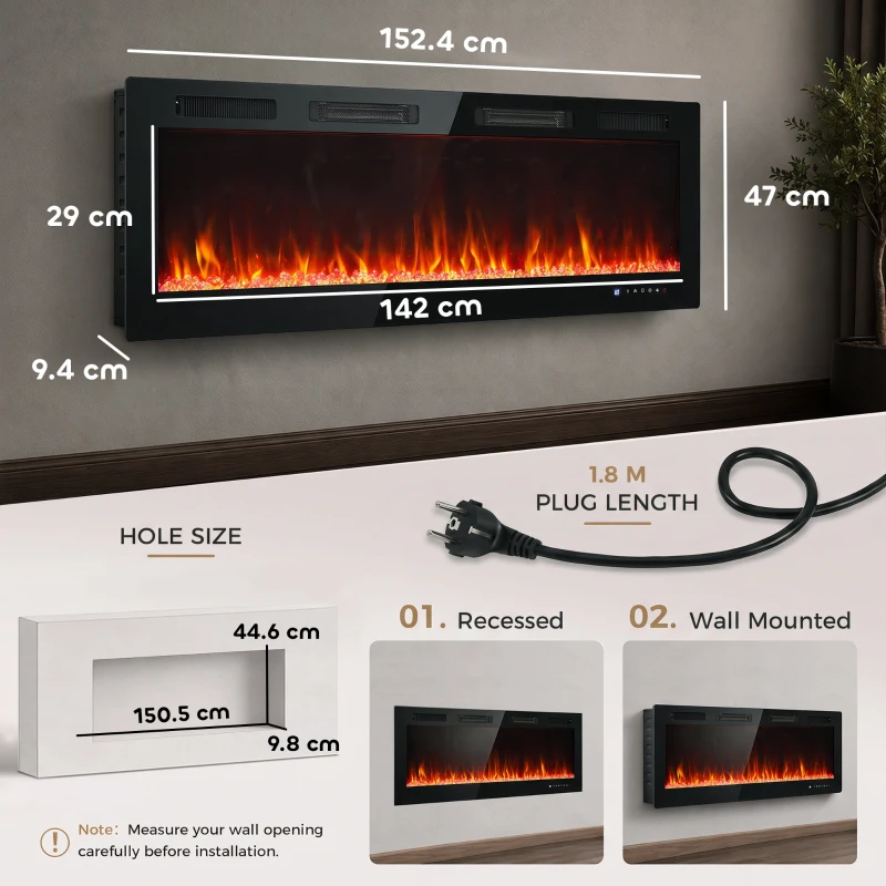 HOMCOM Chimenea Eléctrica Empotrada con Llama Independiente, 3 Modos de Calefacción y Mando a Distancia, 152.4x9.4x47 cm, Negro